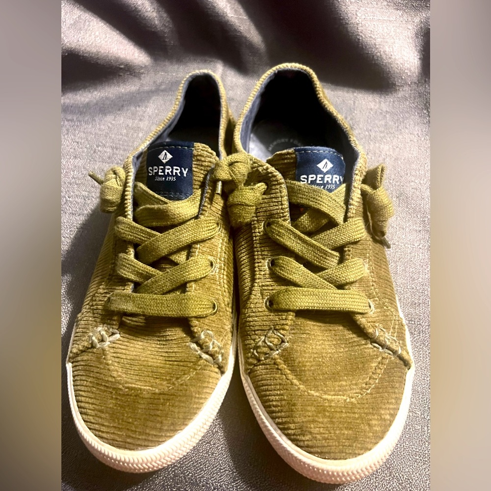 Sperry memory foam top sider olive green women's corduroy sneakers size 6